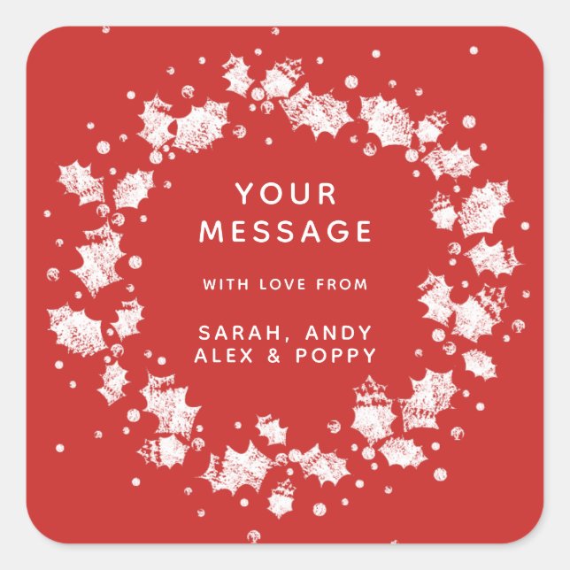 Sticker Carré Couronne de Noël en houx personnalisée avec couleu (Devant)