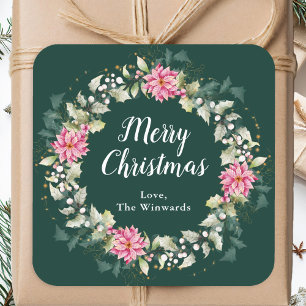 Sticker Carré Couronne de Noël Euphorbe Rose Joyeux Noël