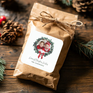 Sticker Carré Couronne de Noël personnalisée avec photo et nom
