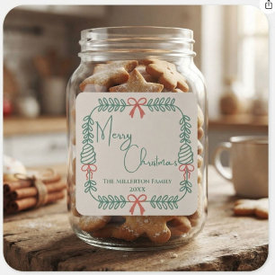 Sticker Carré Couronne de Noël verte crème Famille Joyeux Noël