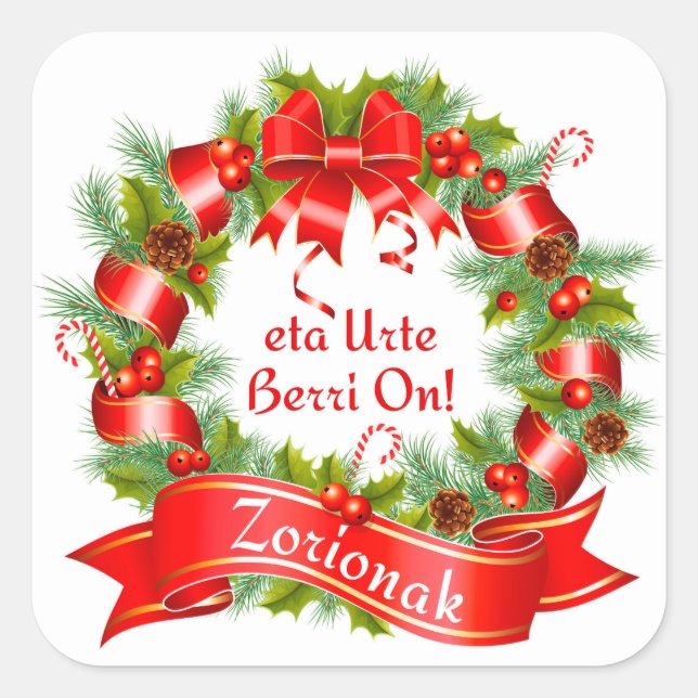 Sticker Carré Couronne de Noël : Zorionak eta Urte Berri On!, (Devant)