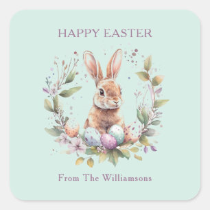 Sticker Carré Couronne de Pâques personnalisée avec lapin de pri