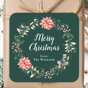 Sticker Carré Couronne de poinsettias rouges Joyeux Noël