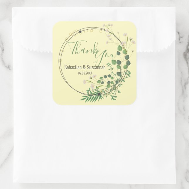 Sticker Carré Couronne de verdure jaune pastel Merci (Sac)
