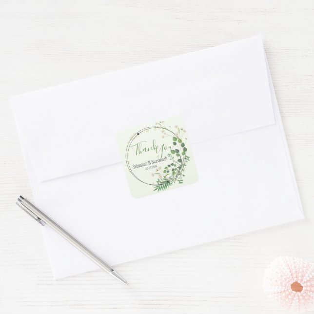 Sticker Carré Couronne de verdure vert pastel Merci (Enveloppe)