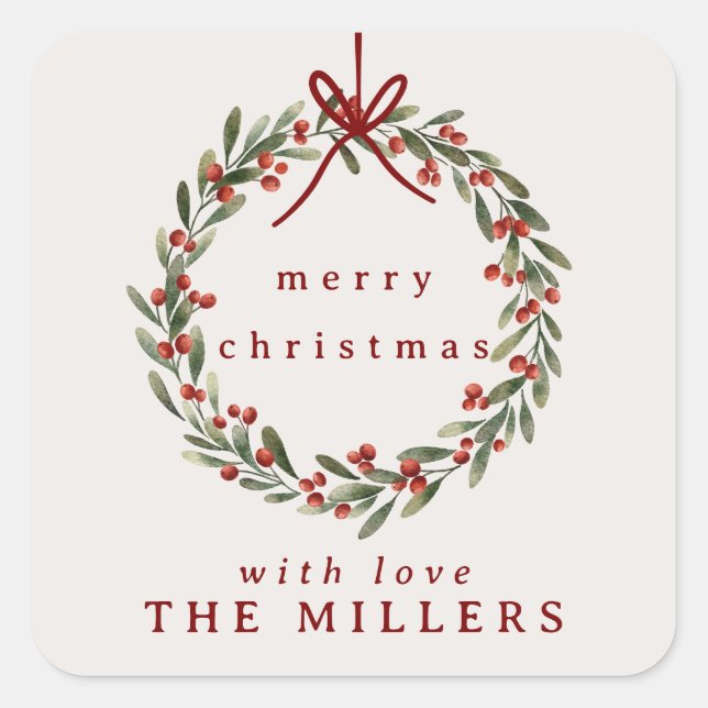 Sticker Carré Couronne feuillage de Noël avec arc rouge (Devant)