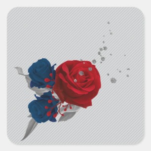 Sticker Carré couronne feuille marine & fleurs rouges gris