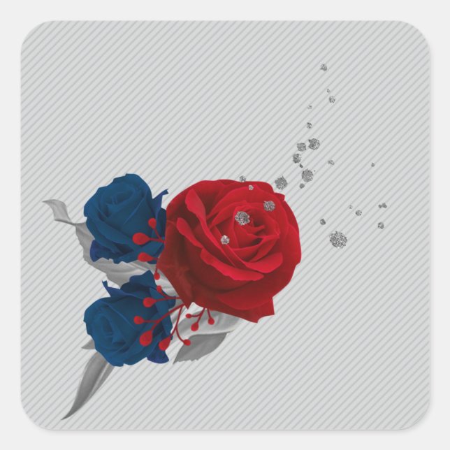 Sticker Carré couronne feuille marine & fleurs rouges gris (Devant)