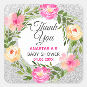 Sticker Carré Couronne florale argent et rose pour Baby Shower d