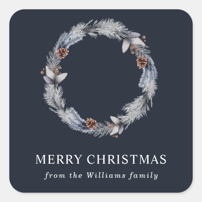 Sticker Carré Couronne florale hivernale argentée rustique bleue (Devant)