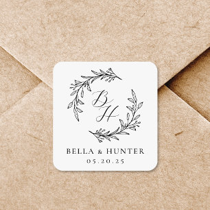 Sticker Carré Couronne florale initiale de mariage monogramme