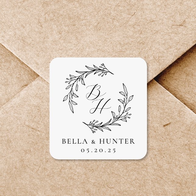 Sticker Carré Couronne florale initiale de mariage monogramme (Créateur téléchargé)