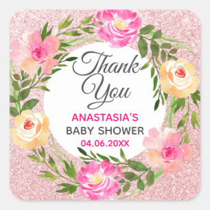 Sticker Carré Couronne florale rose gold rose remerciement Baby