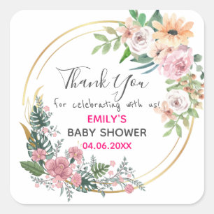 Sticker Carré Couronne florale rose jolie remerciement Baby Show