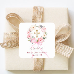 Sticker Carré Couronne florale rose pour la Première Communion