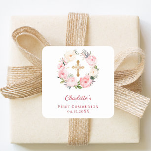 Sticker Carré Couronne florale rose Première Communion