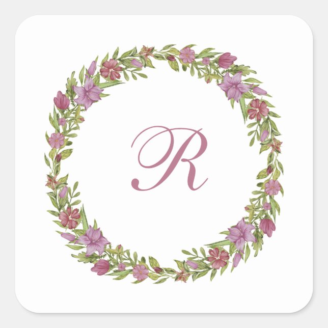 Sticker Carré Couronne florale violet vert Monogramme  (Devant)