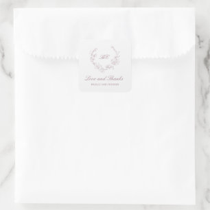 Sticker Carré Couronne Mauve Monogramme Élégant Mariage
