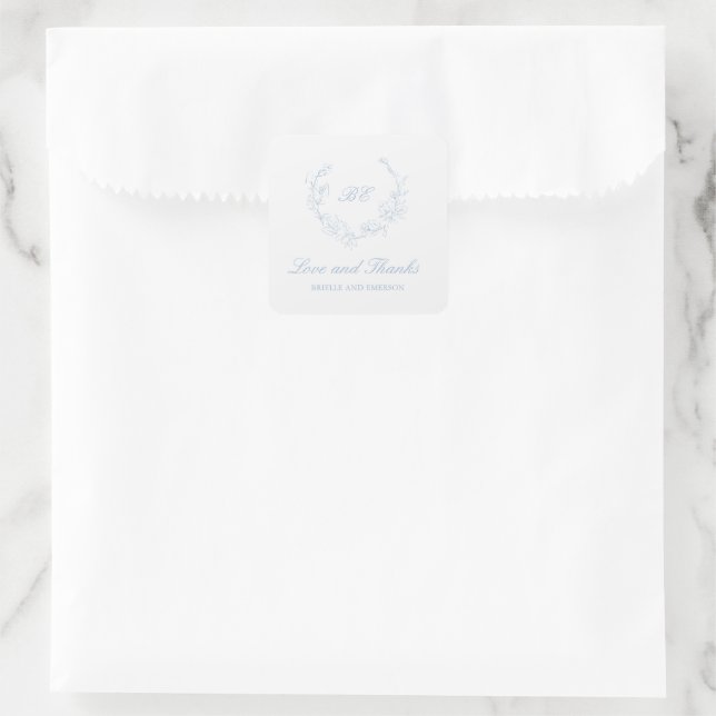 Sticker Carré Couronne Monogramme Bleu Poussiéreux Élégant Maria (Sac)