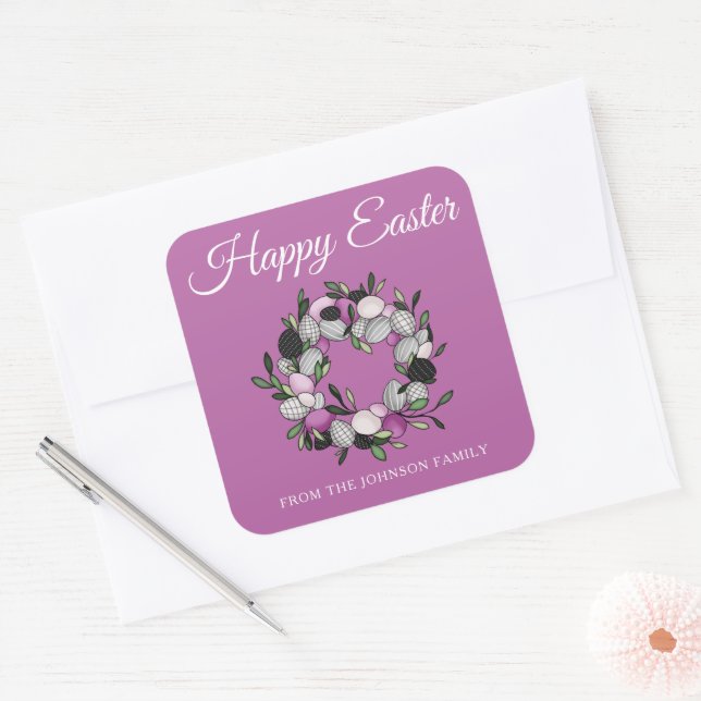 Sticker Carré Couronne rose moderne Joyeuses Pâques (Enveloppe)