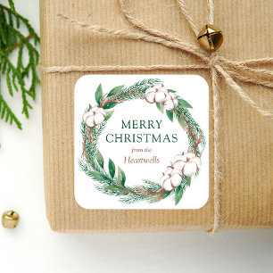 Sticker Carré Couronne végétale aquarelle Noël hivernal Joyeux N