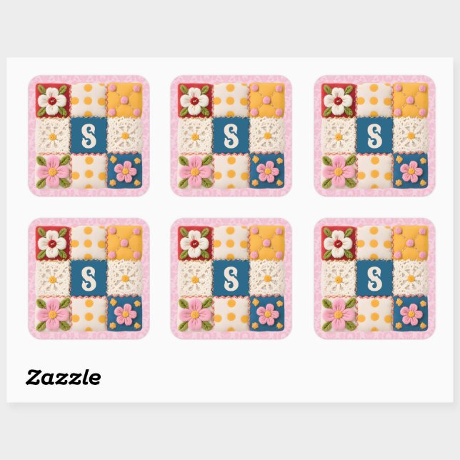 Sticker Carré Courtepièce de fleurs brodées en patchwork Monogra (Feuille)