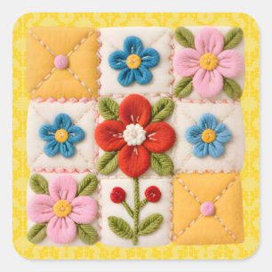 Sticker Carré Courtepoint en patchwork de fleurs brodées