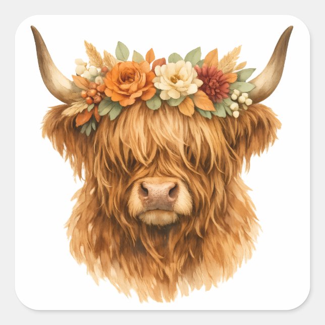 Sticker Carré Coussin de jet de vache Highland Boho avec couronn (Devant)