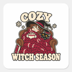 Sticker Carré Couverture de saison de sorcière cosy Chat