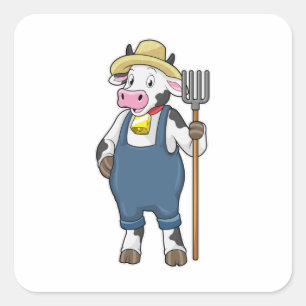 Sticker Carré Cow as Farmer with Pitchfork