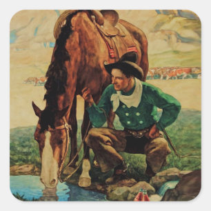 Sticker Carré Cow-boy abreuvant son cheval par NC Wyeth