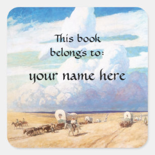 Sticker Carré Cow-boys western vintage, ex-libris NC Wyeth