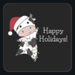 Sticker Carré Cow Cheerful Christmas Winter Animals<br><div class="desc">The cow at Christmas with fairy lights. Funny animals with toxits and snow for the holidays. Donc Funny for Christmas in July. Cows are cute animals et perfect pour Christmas.</div>