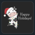 Sticker Carré Cow Cheerful Christmas Winter Animals<br><div class="desc">The cow at Christmas with fairy lights. Funny animals with toxits and snow for the holidays. Donc Funny for Christmas in July. Cows are cute animals et perfect pour Christmas.</div>