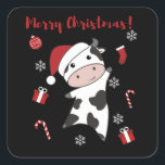 Sticker Carré Cow Cheerful Christmas Winter Animals<br><div class="desc">The cow at Christmas with fairy lights. Funny animals with toxits and snow for the holidays. Donc Funny for Christmas in July. Cows are cute animals et perfect pour Christmas.</div>