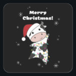 Sticker Carré Cow Cheerful Christmas Winter Animals Cows<br><div class="desc">The cow at Christmas with fairy lights. Funny animals with gifts and snow for the holidays. Also funny for Christmas in July. Cows are cute animals and perfect for Christmas.</div>