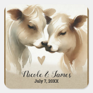 Sticker Carré Cow Love Brown Cream Mariage campagnard