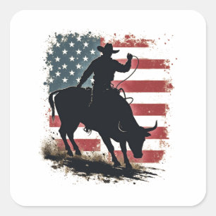 Sticker Carré Cowboy Bull Rider Patriotique American Flag Cowboy