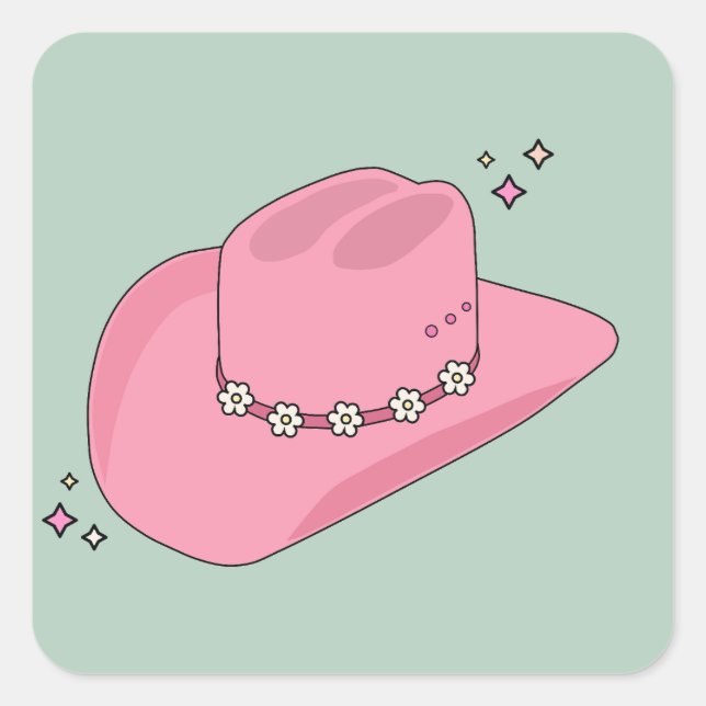 Sticker Carré Cowboy Casquette Preppy Rose Et Vert (Devant)