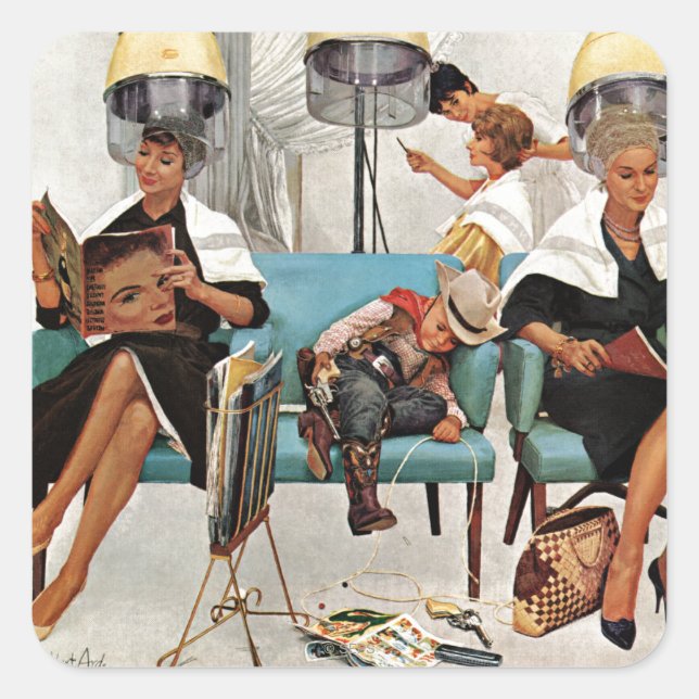 Sticker Carré Cowboy endormi dans le salon de beauté (Devant)