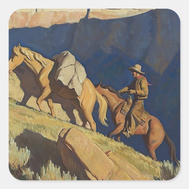 Sticker Carré « Cowboy et cheval de bât » par Maynard Dixon (Devant)