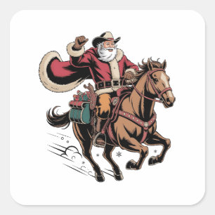 Sticker Carré Cowboy Père Noël Monter Un Cheval Noël