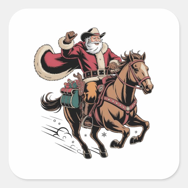 Sticker Carré Cowboy Père Noël Monter Un Cheval Noël (Devant)