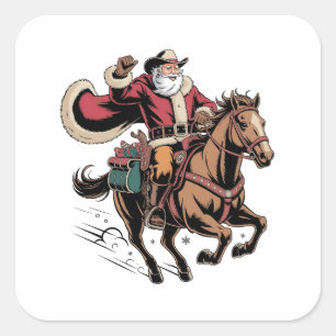 Sticker Carré Cowboy Père Noël Monter Un Cheval Noël