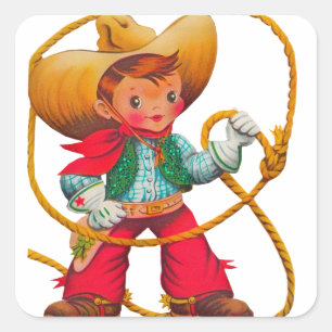 Sticker Carré Cowboy Retro Boy Child Cute Western