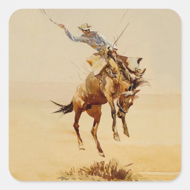 Sticker Carré Cowboy sur un Bucking Horse #2 par Edward Borein (Devant)