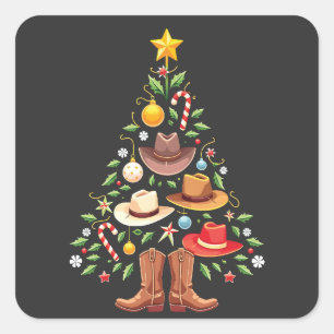 Sticker Carré Cowboy Western Christmas Tree Père Noël
