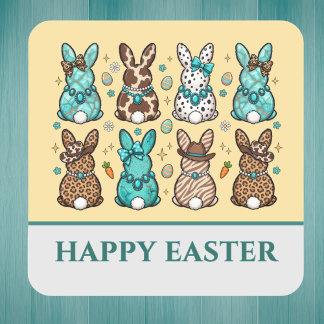 Sticker Carré Cowgirl Leopard Print Blue Brown Easter Bunnies  