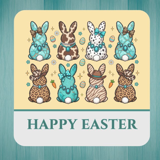 Sticker Carré Cowgirl Leopard Print Blue Brown Easter Bunnies   (Créateur téléchargé)