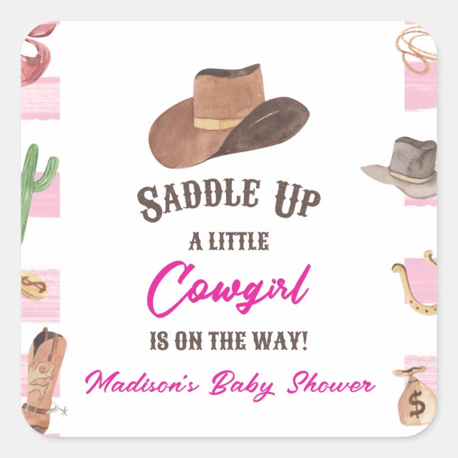 Sticker Carré Cowgirl Western Rodeo Wild West Baby shower (Devant)